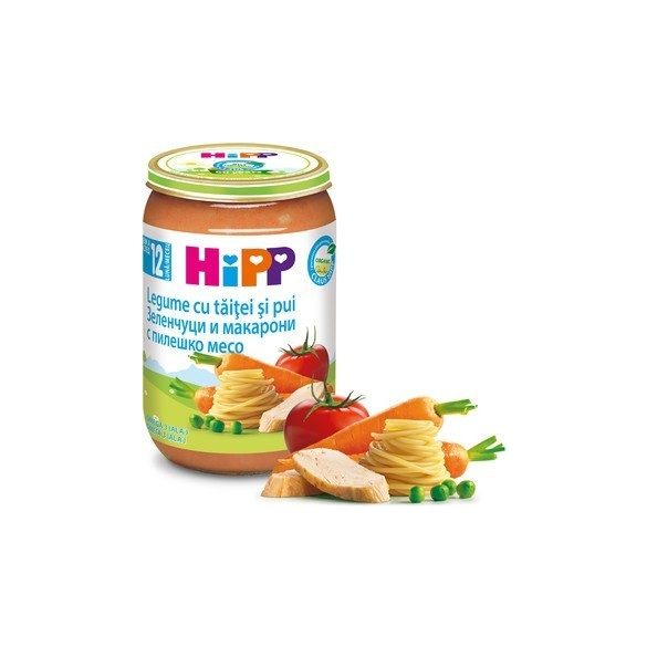 HIPP БИО Зеленчуци и макарони с пилешко месо 12м 220g